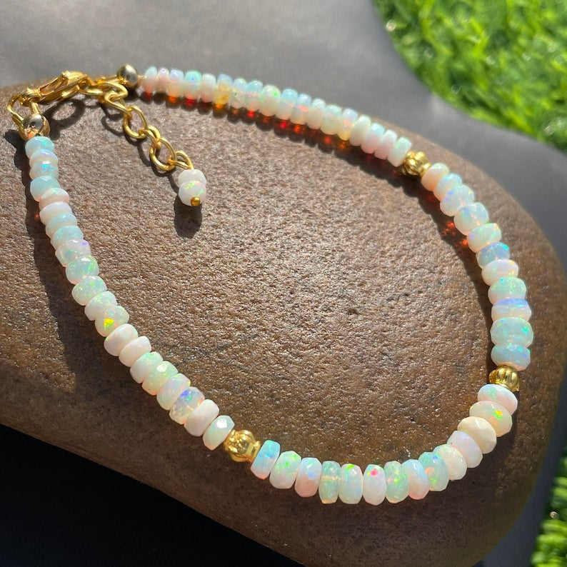 Ethiopian Opal Beaded Bracelet: Multi-Flash Fire Gemstone, Adjustable Length