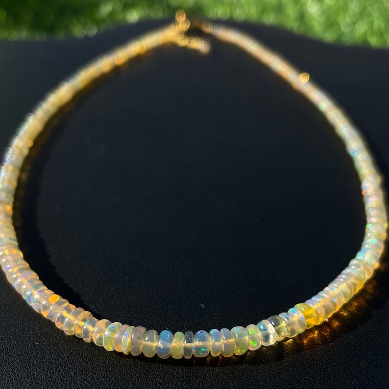Ethiopian Opal Beaded Necklace: Golden Multi Fire Opal, Smooth Beads