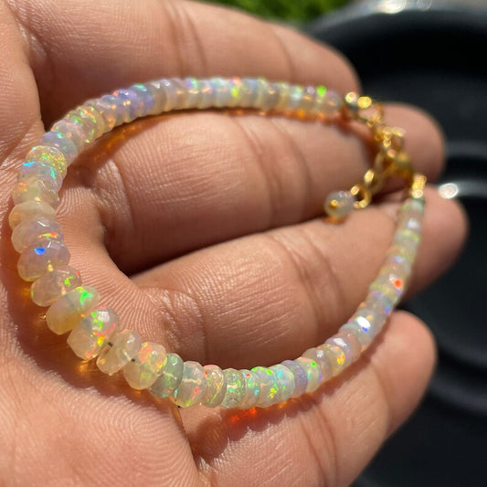 Ethiopian Opal Faceted Bracelet: Multi-Fire Gemstone Beads, Adjustable Length
