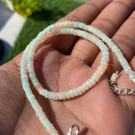 Ethiopian Opal Beads Necklace: White Multi Fire Gemstone, Handmade