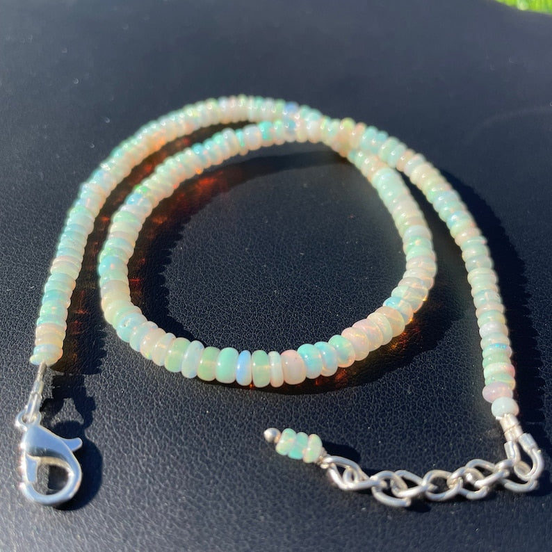 Ethiopian Opal Beads Necklace: White Multi Fire Gemstone, Handmade