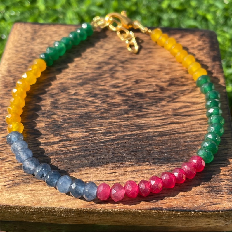 Multi Gemstone Beaded Bracelet: Faceted AAA Beads, Adjustable Length