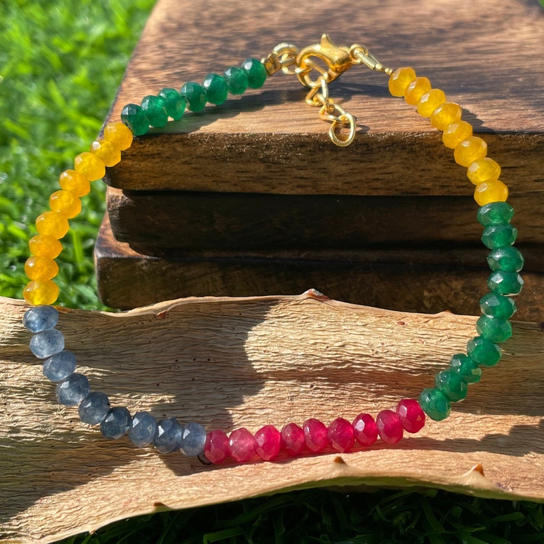 Multi Gemstone Beaded Bracelet: Faceted AAA Beads, Adjustable Length