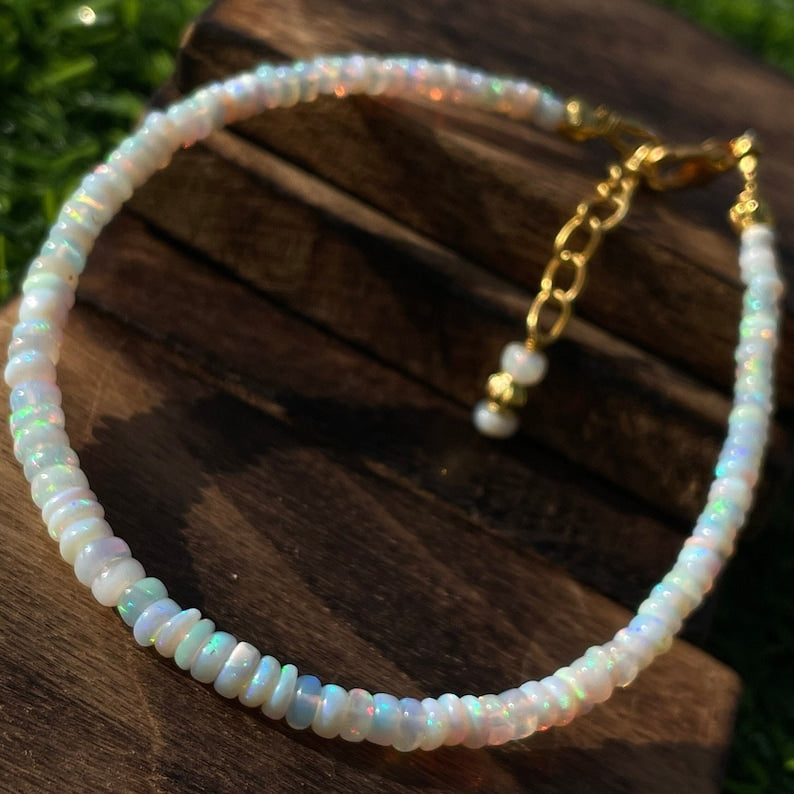 White Ethiopian Opal Beaded Bracelet: Multi Fire Gemstone Jewelry