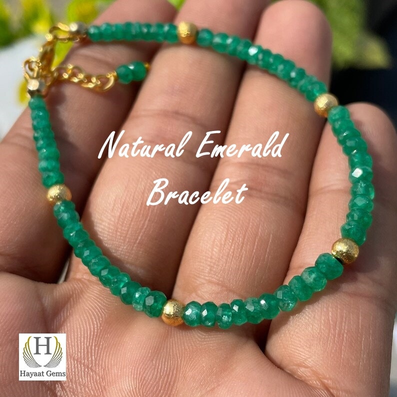 Faceted Emerald Bead Bracelet: Natural Zambian Emerald, May Birthstone
