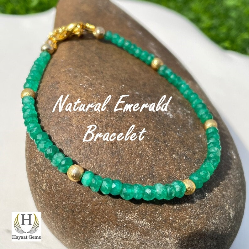 Faceted Emerald Bead Bracelet: Natural Zambian Emerald, May Birthstone
