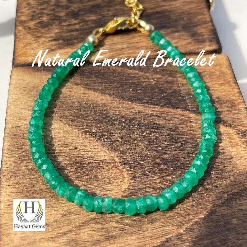Dainty Zambian Emerald Beaded Bracelet: Sterling Silver, Faceted Gemstone