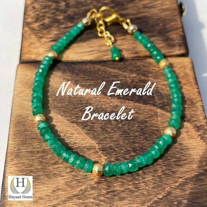 Faceted Emerald Bead Bracelet: Natural Zambian Emerald, May Birthstone