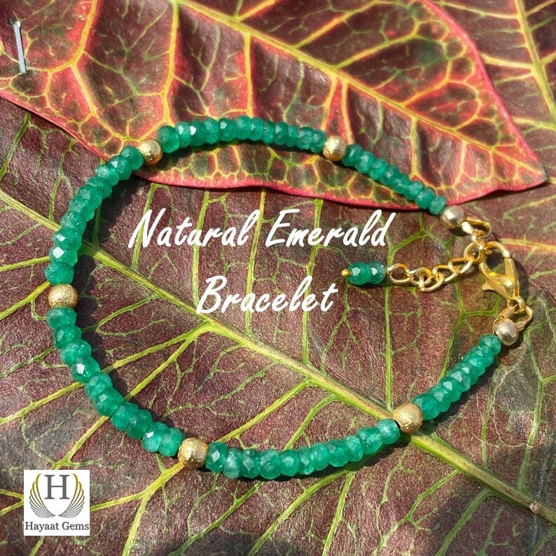Faceted Emerald Bead Bracelet: Natural Zambian Emerald, May Birthstone