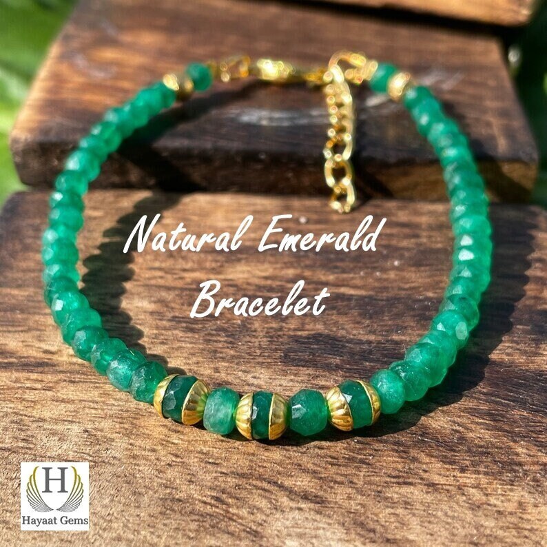 Raw Emerald Beaded Bracelet: May Birthstone, Dainty Gemstone, Personalized Charm