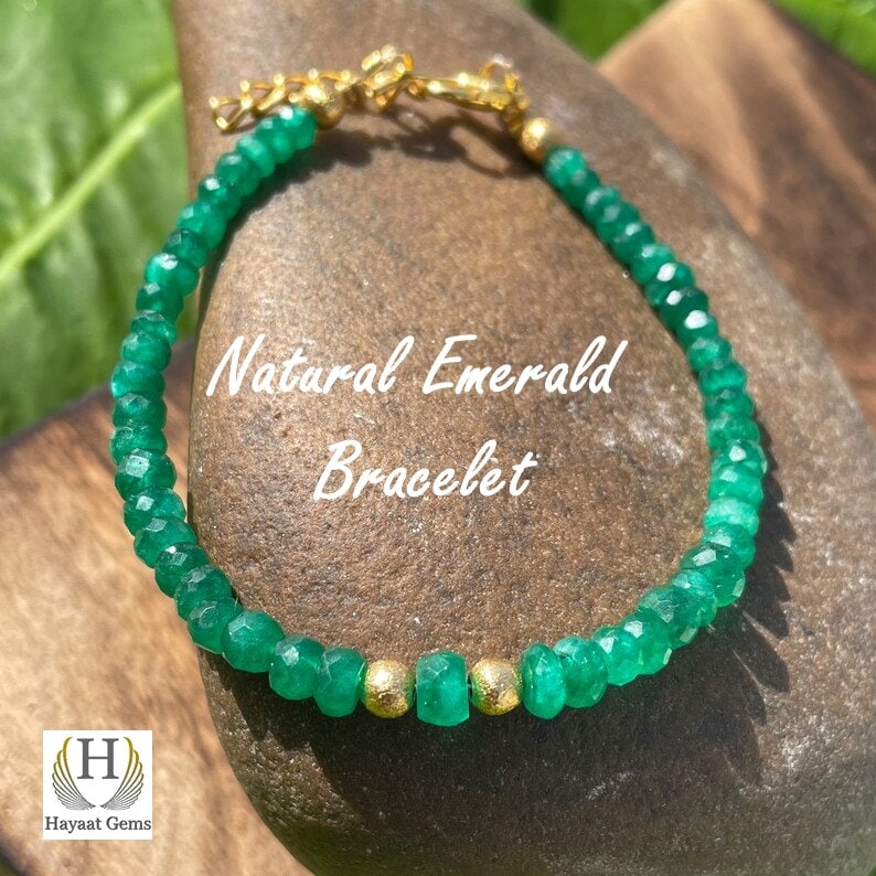 Raw Emerald Crystal Bracelet: Genuine Rough Silver May Birthstone Jewelry