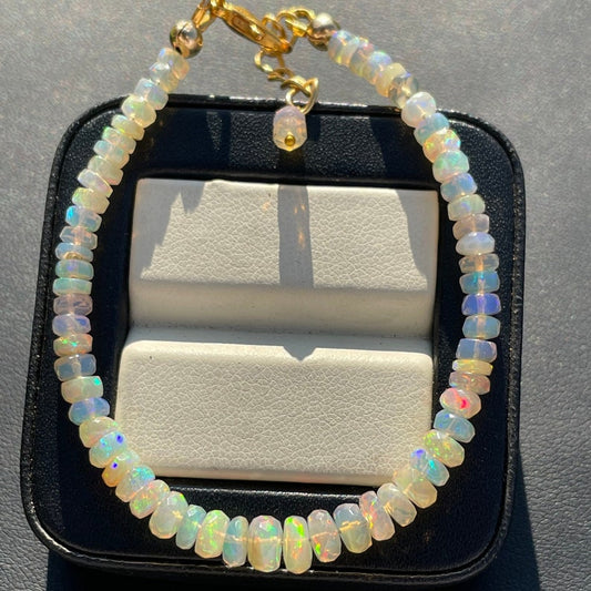 Golden Ethiopian Opal Beaded Bracelet: Multi-Fire Gemstone, Adjustable Length