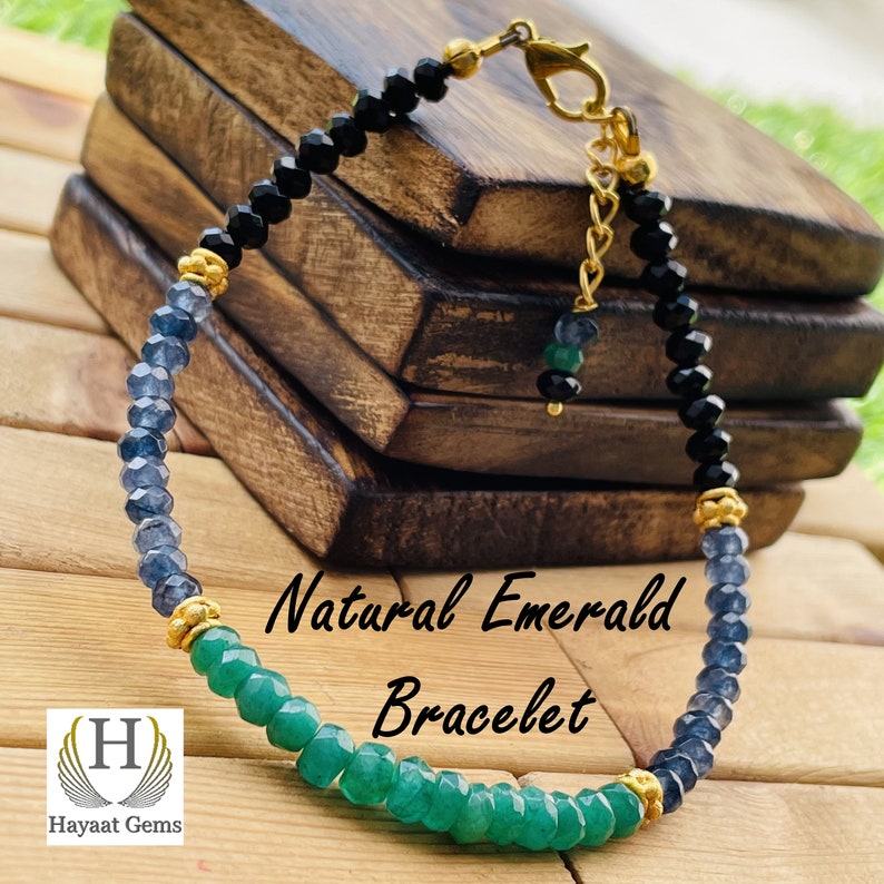 AAA Emerald Sapphire Spinal Bracelet: Faceted Gemstone Beaded Bracelet