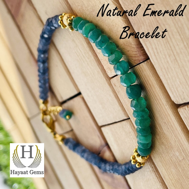 Emerald & Blue Sapphire Faceted Bead Bracelet: Handmade Gemstone Jewelry