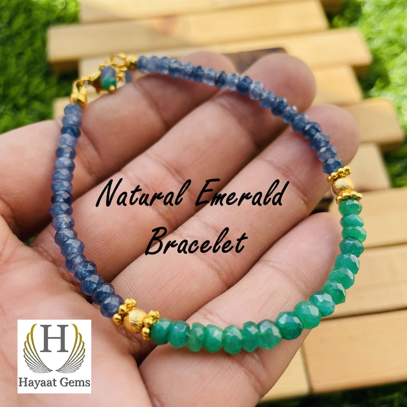 Emerald & Blue Sapphire Faceted Bead Bracelet: Handmade Gemstone Jewelry