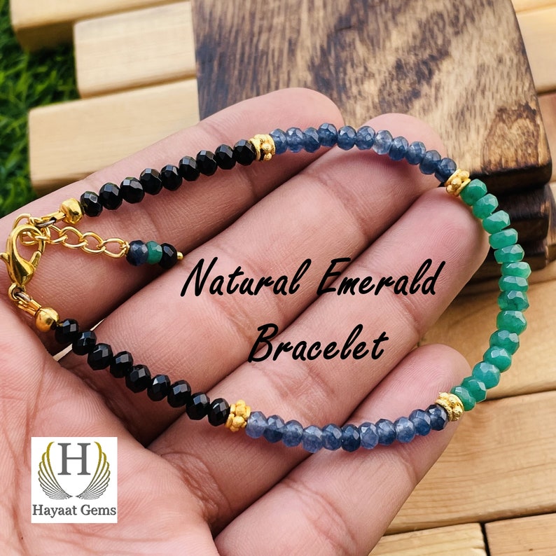 AAA Emerald Sapphire Spinal Bracelet: Faceted Gemstone Beaded Bracelet