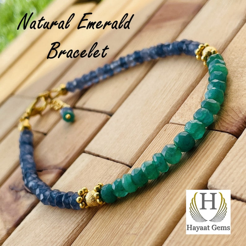 Emerald & Blue Sapphire Faceted Bead Bracelet: Handmade Gemstone Jewelry