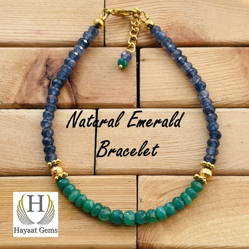 Emerald & Blue Sapphire Faceted Bead Bracelet: Handmade Gemstone Jewelry