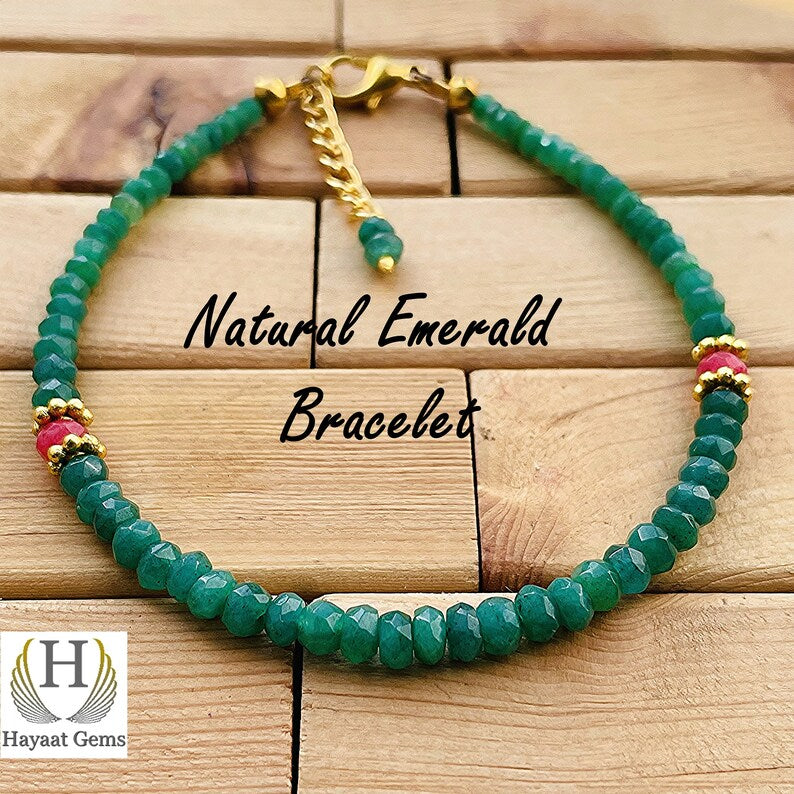 Faceted Emerald Bead Bracelet: Adjustable Gemstone Jewelry