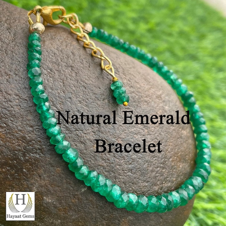 Natural Zambian Emerald Bracelet: Faceted Gemstone Beads, Handmade AAA Quality