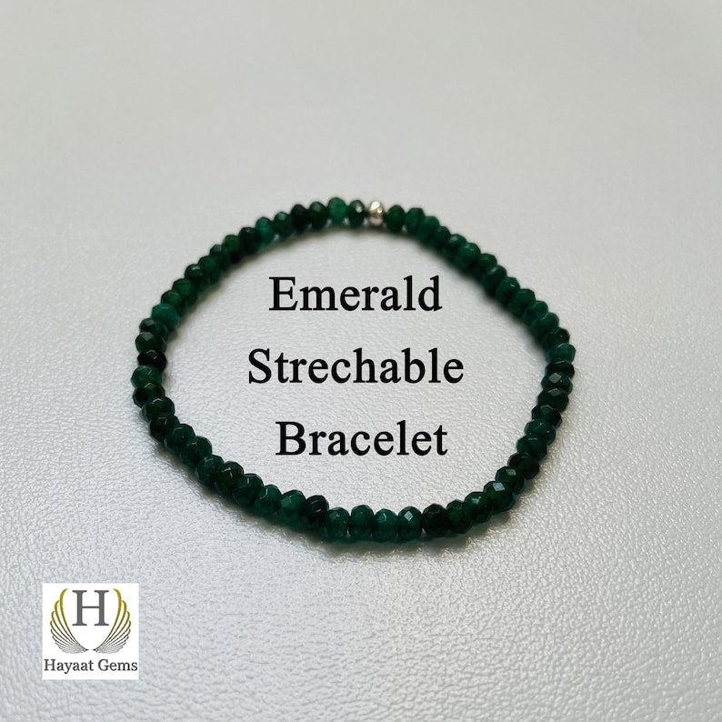 Faceted Emerald Beads Bracelet: Handmade Gemstone Stretch Bracelet