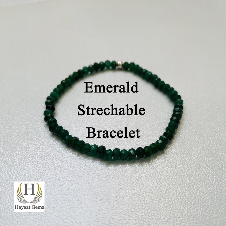 Faceted Emerald Beads Bracelet: Handmade Gemstone Stretch Bracelet