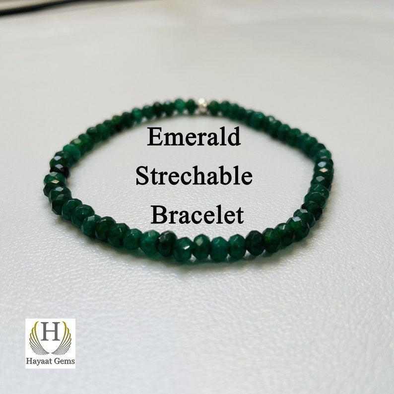 Faceted Emerald Beads Bracelet: Handmade Gemstone Stretch Bracelet