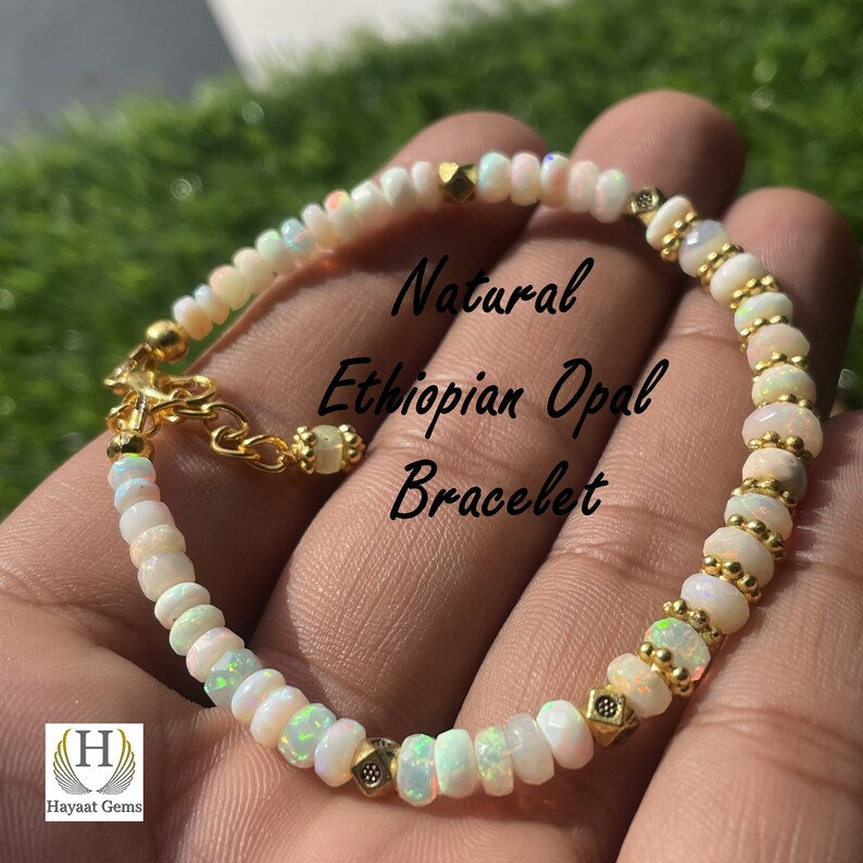 Ethiopian Opal Beaded Bracelet: White Rainbow Fire Opal Jewelry