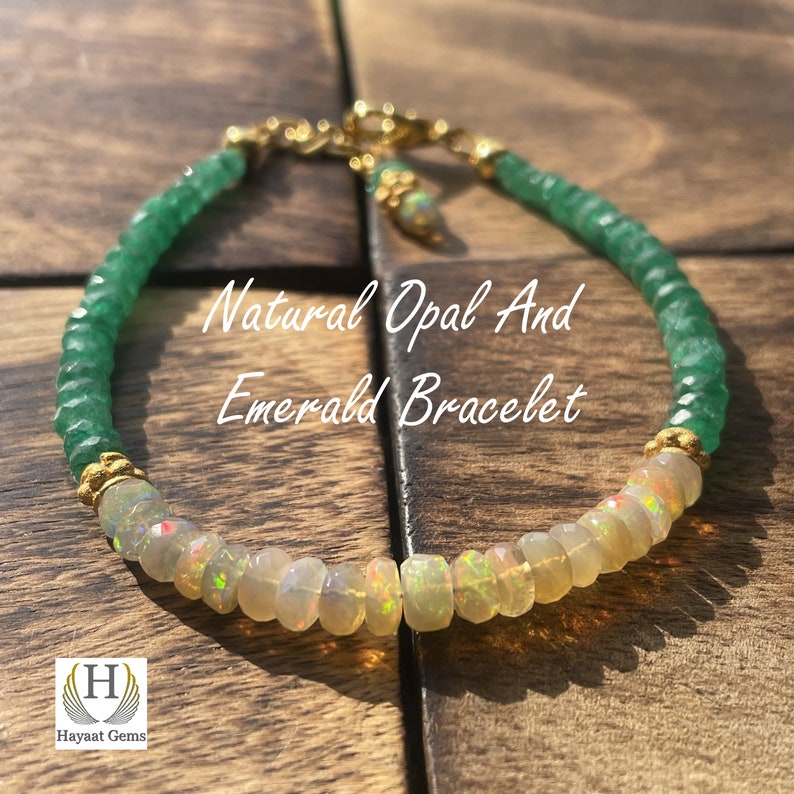 Ethiopian Opal & Emerald Beaded Bracelet: Rainbow Fire Gemstone