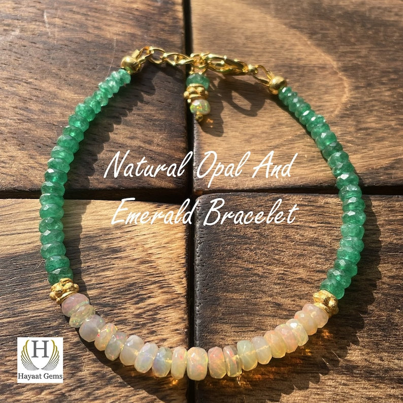 Ethiopian Opal & Emerald Beaded Bracelet: Rainbow Fire Gemstone