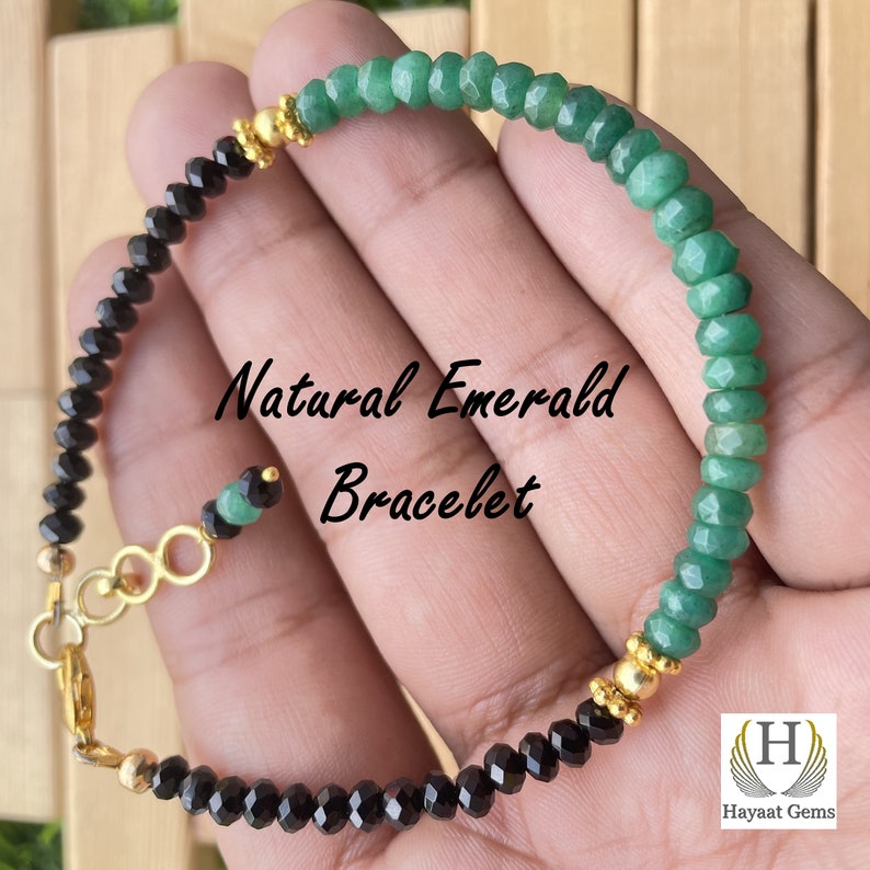 Emerald & Black Spinal Bracelet: Faceted Gemstone Beads, Handmade Jewelry