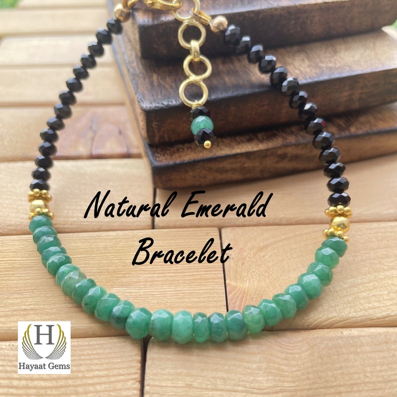 Emerald & Black Spinal Bracelet: Faceted Gemstone Beads, Handmade Jewelry