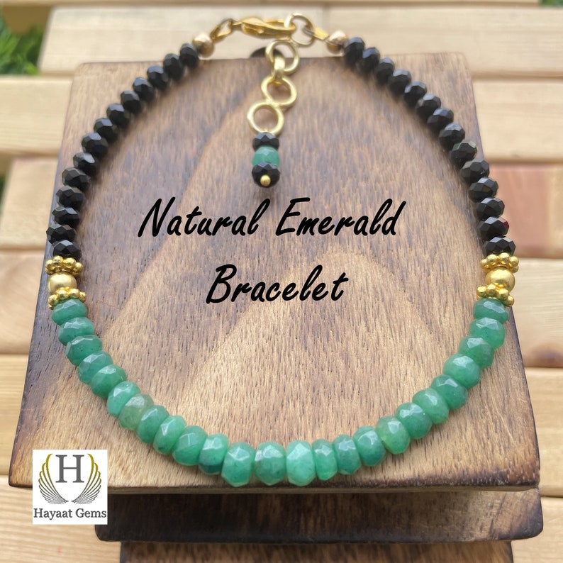 Emerald & Black Spinal Bracelet: Faceted Gemstone Beads, Handmade Jewelry