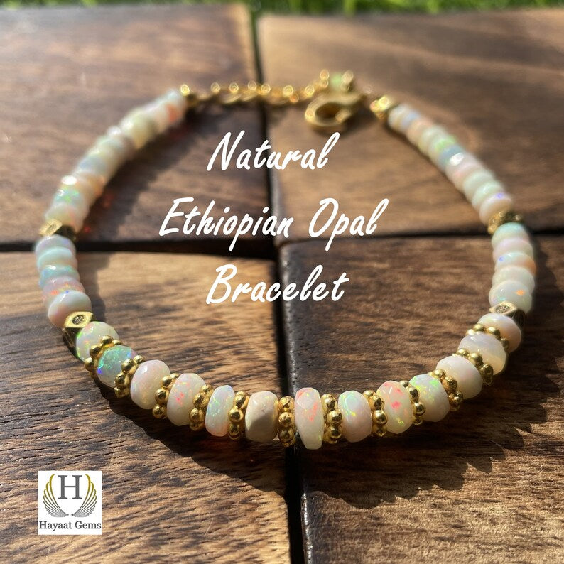 Ethiopian Opal Beaded Bracelet: White Rainbow Fire Opal Jewelry
