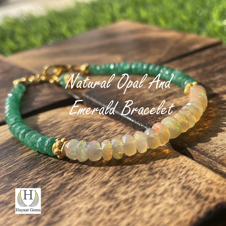 Ethiopian Opal & Emerald Beaded Bracelet: Rainbow Fire Gemstone