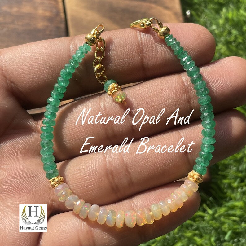 Ethiopian Opal & Emerald Beaded Bracelet: Rainbow Fire Gemstone