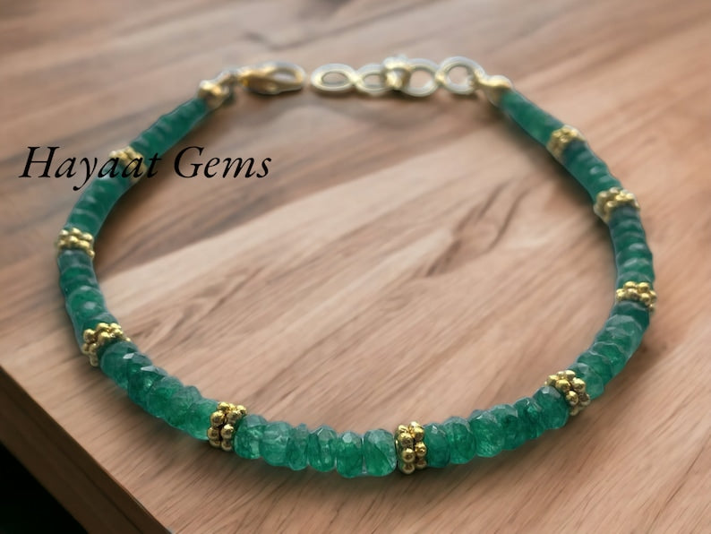 Zambian Emerald Beaded Bracelet: Faceted Gemstone, May Birthstone