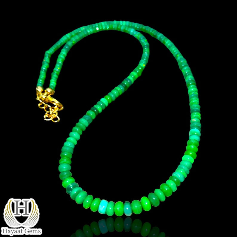 Green Ethiopian Opal Beaded Necklace: AAA Grade Sterling Silver, Handmade