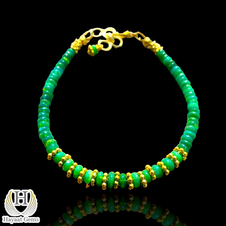 Green Opal Charm Bracelet: Gold Beaded Sterling Silver, Dainty Handmade Jewelry