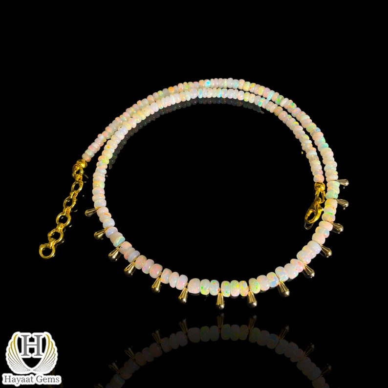 White Ethiopian Opal Beaded Necklace: Dainty Sterling Silver, Multi-Color Fire