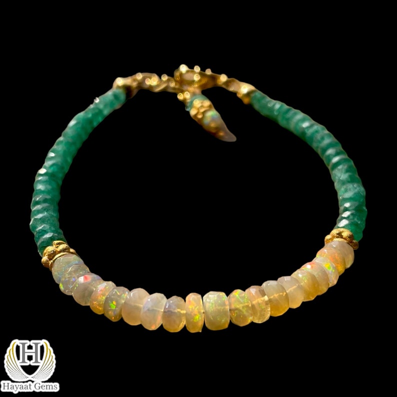 Ethiopian Opal & Emerald Beaded Bracelet: Rainbow Fire Gemstone
