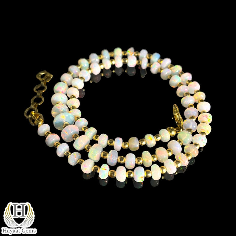 Ethiopian Opal Necklace: Welo Fire Opal Rondelle Beads, 18k Gold Sterling Silver