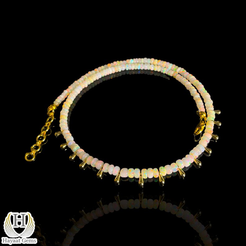 White Ethiopian Opal Beaded Necklace: Dainty Sterling Silver, Multi-Color Fire