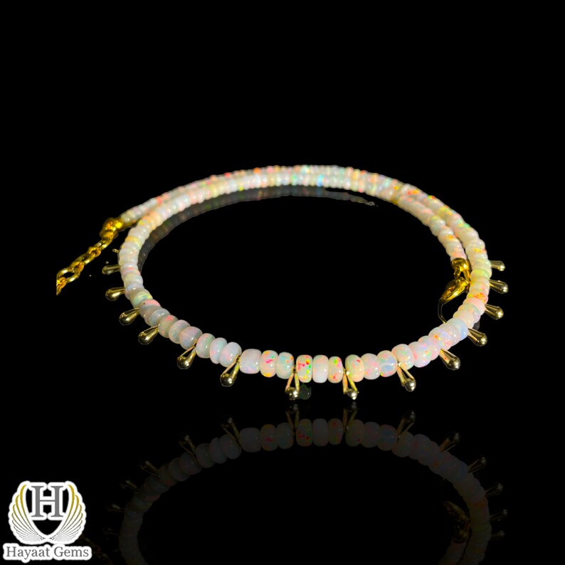 White Ethiopian Opal Beaded Necklace: Dainty Sterling Silver, Multi-Color Fire