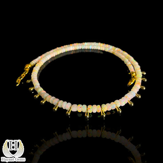 White Ethiopian Opal Beaded Necklace: Dainty Sterling Silver, Multi-Color Fire