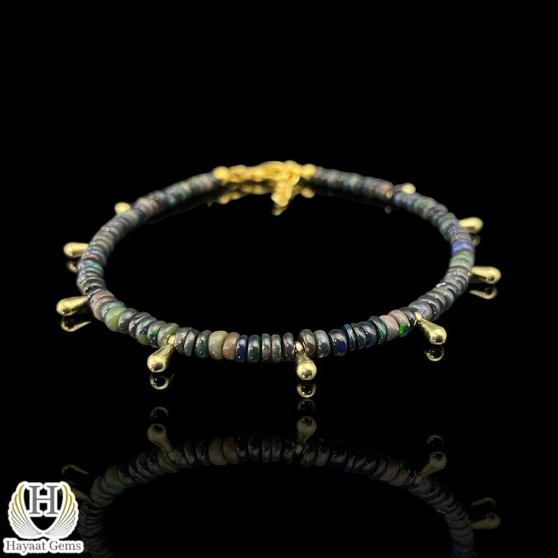 Black Opal Beaded Bracelet: Sterling Silver, 14K Gold Finish