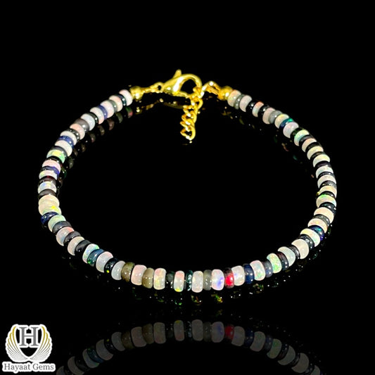 Ethiopian Opal Bracelet: Black & White Beads, Sterling Silver, Dainty Minimalist