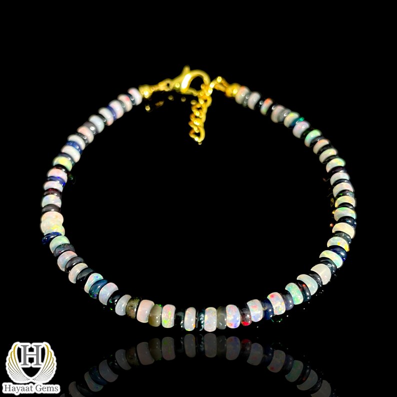 Ethiopian Opal Bracelet: Black & White Beads, Sterling Silver, Dainty Minimalist