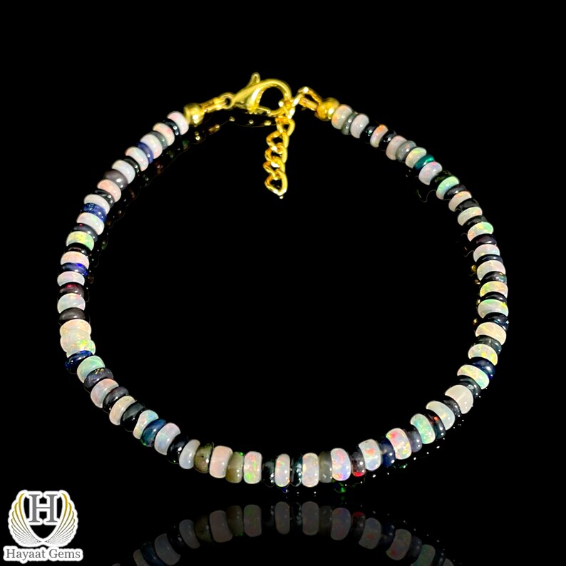 Ethiopian Opal Bracelet: Black & White Beads, Sterling Silver, Dainty Minimalist