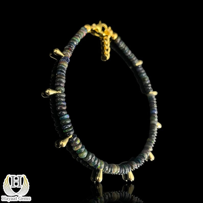 Black Opal Beaded Bracelet: Sterling Silver, 14K Gold Finish